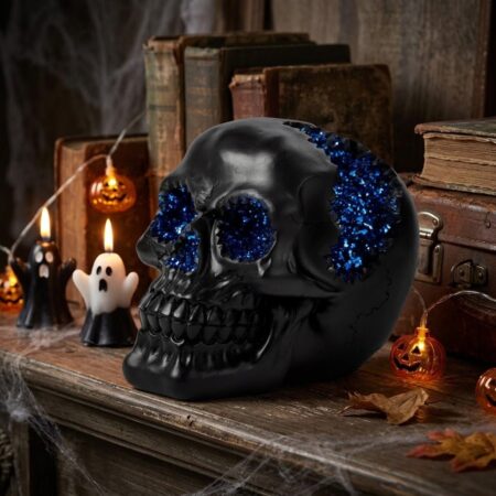 Black Crystal Cave Skull – Gotikinė kaukolė su mėlynais kristalais (12×15 cm)