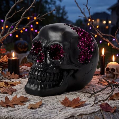 Black Crystal Cave Skull – Gotikinė kaukolė su violetiniais kristalais (12×15 cm)