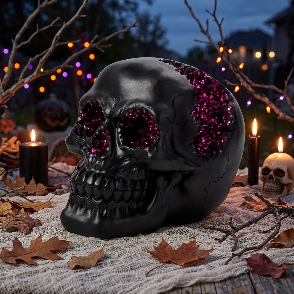 Black Crystal Cave Skull – Gotikinė kaukolė su violetiniais kristalais (12x15 cm)